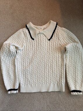 Janie and Jack Cream Cable-Knit Sweater with Black Trim Collar